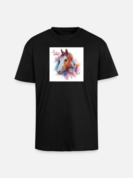 Aquarellpferd mit Blüten - Oversized Heavyweight Unisex T-Shirt - Schwarz
