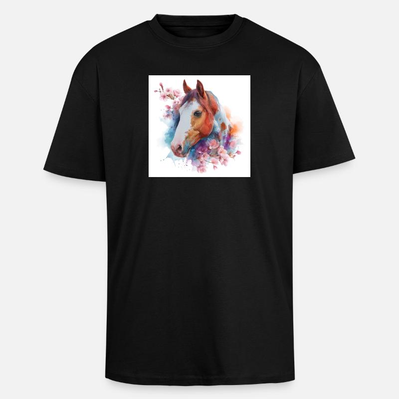 Cheval aquarelle avec des fleurs - T-shirt unisexe oversize épais - noir