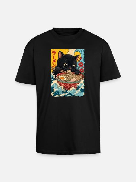 Süße Katze isst Ramen - Oversized Heavyweight Unisex T-Shirt - Schwarz