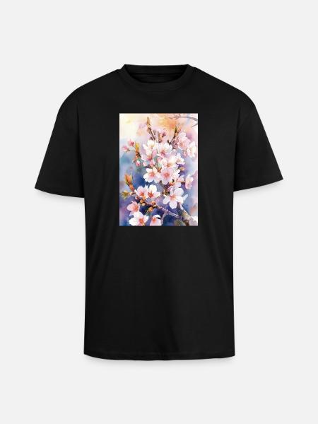 Aquarellfarben pastellfarbene Kirschblüten - Oversized Heavyweight Unisex T-Shirt - Schwarz