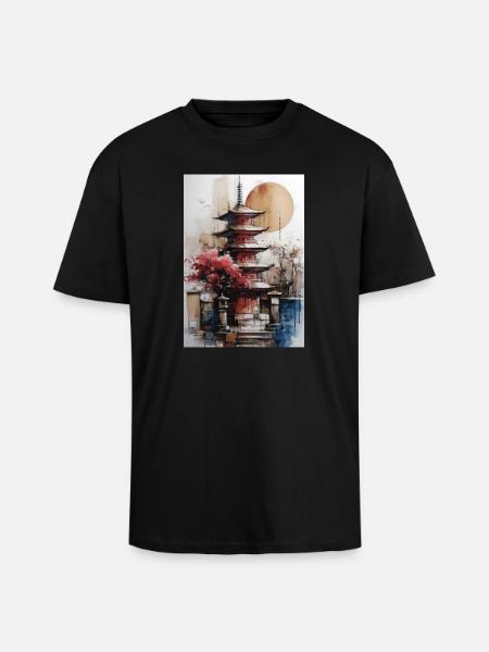 Zen-Sonne-Aquarellpagode - Oversized Heavyweight Unisex T-Shirt - Schwarz