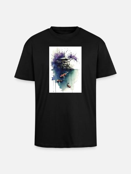 Aquarell-Koi und Kirschpagode - Oversized Heavyweight Unisex T-Shirt - Schwarz