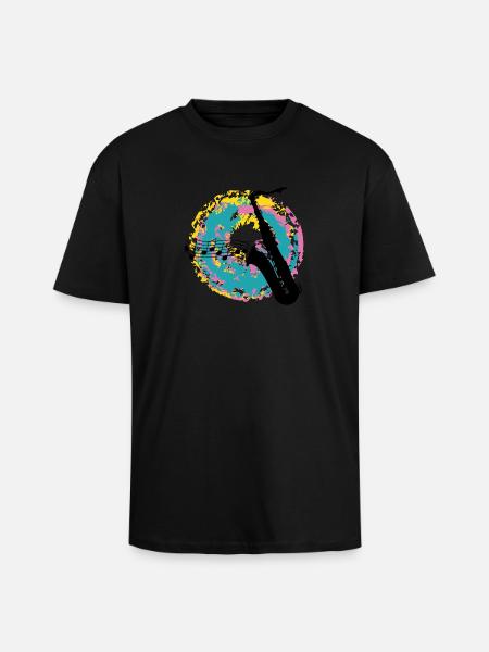 Saxofon auf Farbklecksen - Oversized Heavyweight Unisex T-Shirt - Schwarz