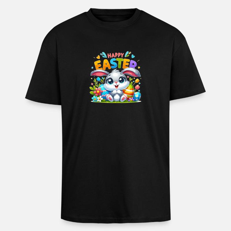 Happy Easter - Easter Bunny Illustration - Unisex Oversized Heavyweight T-shirt - black