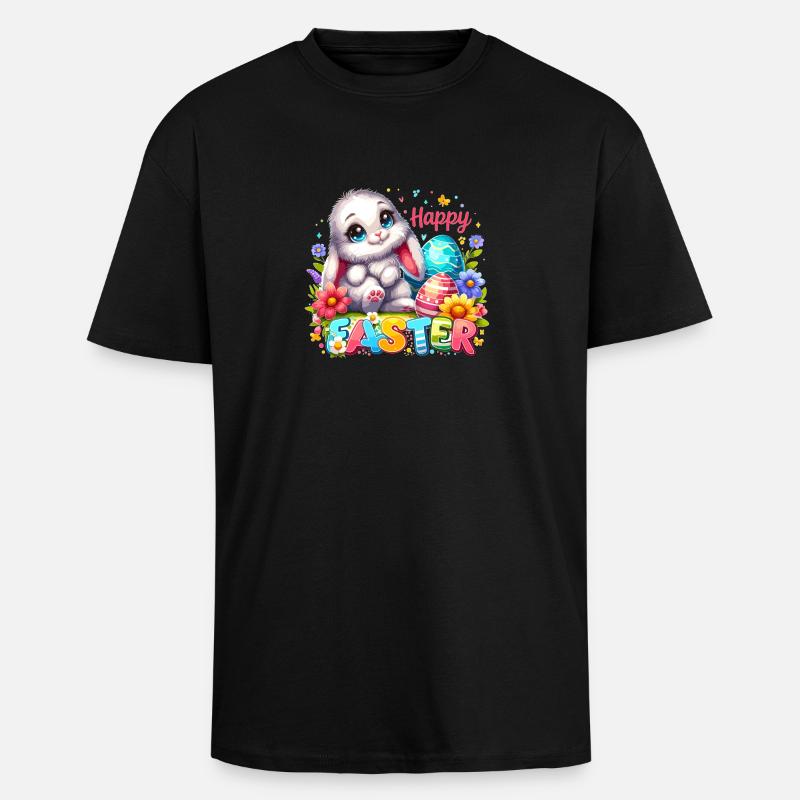 Happy Easter - Easter Bunny Illustration - Unisex Oversized Heavyweight T-shirt - black