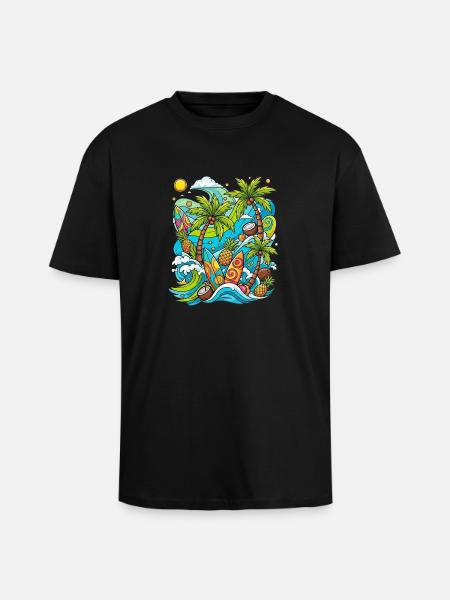 Tropical holiday pattern - Unisex Oversized Heavyweight T-shirt - black