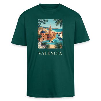 Valencia Coastal Architecture Spain Travel Poster - Unisex Oversized Heavyweight T-shirt - hunter green - Front - Alina (178cm) & Michal (187cm)