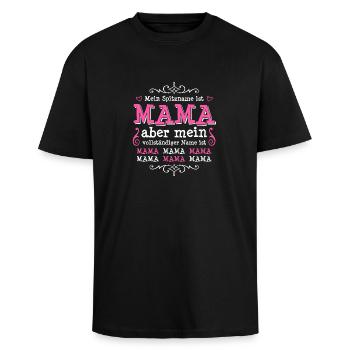 ...vollständiger Name: Mama Mama Mama... - Geschen - Oversized Heavyweight Unisex T-Shirt - Schwarz - Vorne - Alina (178cm) & Michal (187cm)