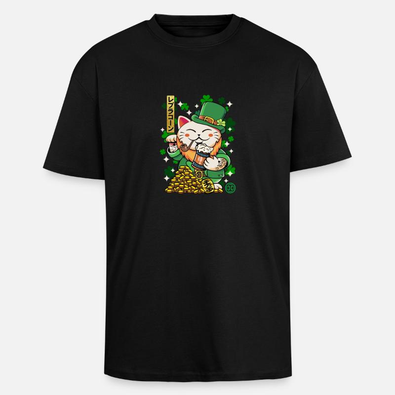 Saint Patrick - Luprechaun Maneki Neko - Unisex Oversized Heavyweight T-shirt - black