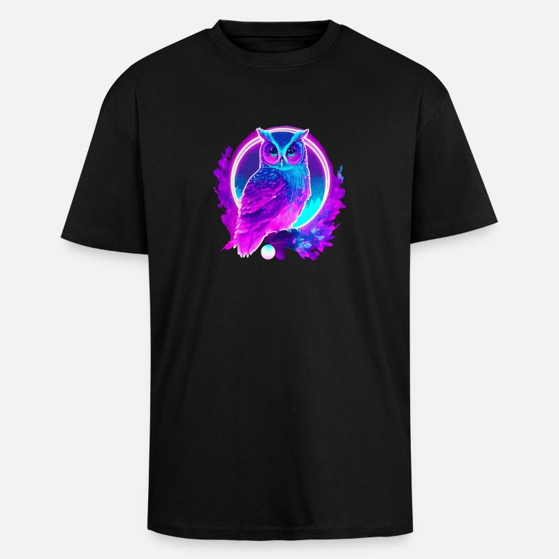 Owl Neon Moon Synthwave - Unisex Oversized Heavyweight T-shirt - black