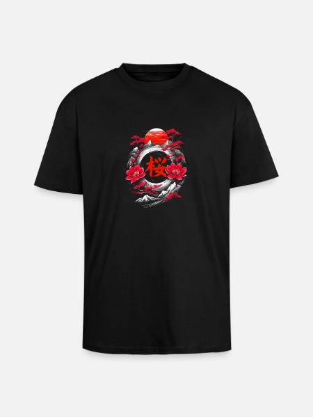 Cherry Blossom Japan Mountains - Unisex Oversized Heavyweight T-shirt - black