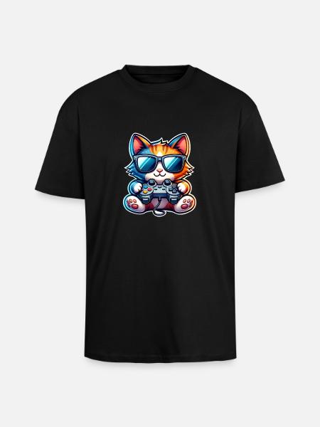 Cat Gaming Gamer - Unisex Oversized Heavyweight T-shirt - black