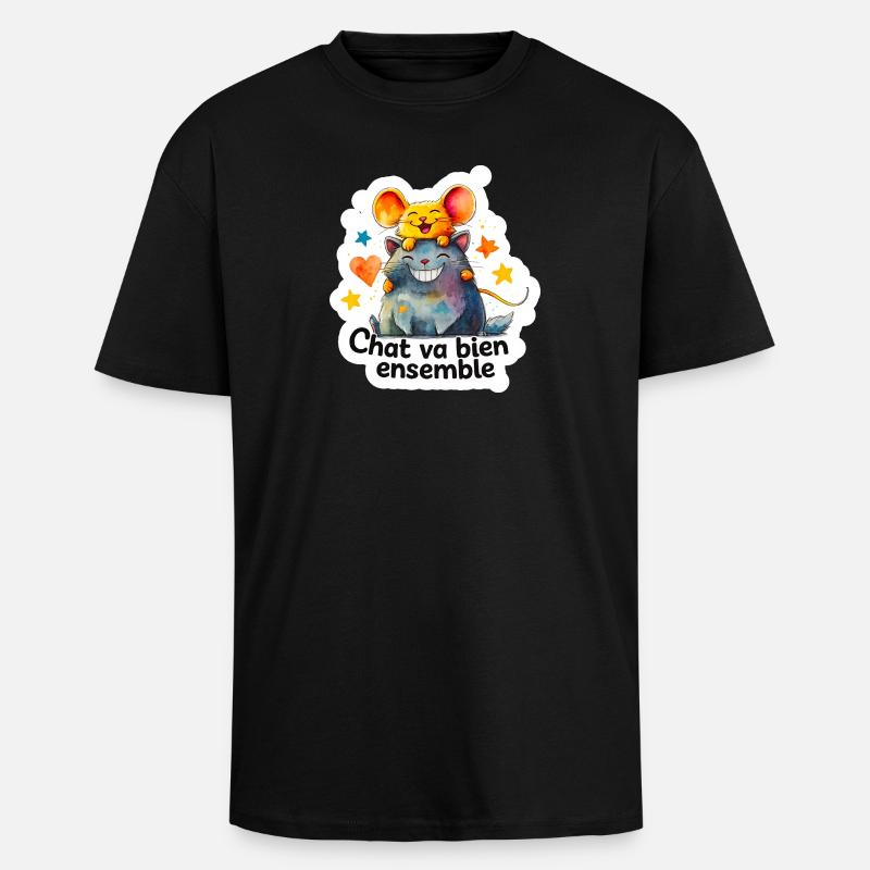 Chat et Souris Heureux Ensemble - T-shirt unisexe oversize épais - noir