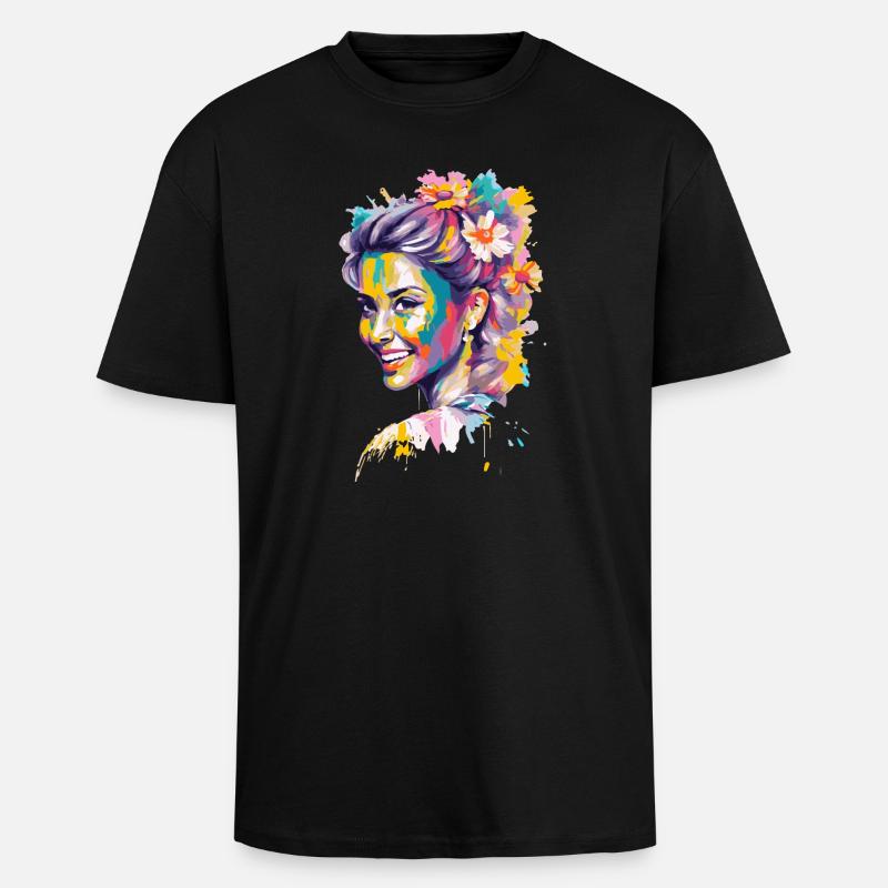 Buntes Blumiges Popporträt - Oversized Heavyweight Unisex T-Shirt - Schwarz