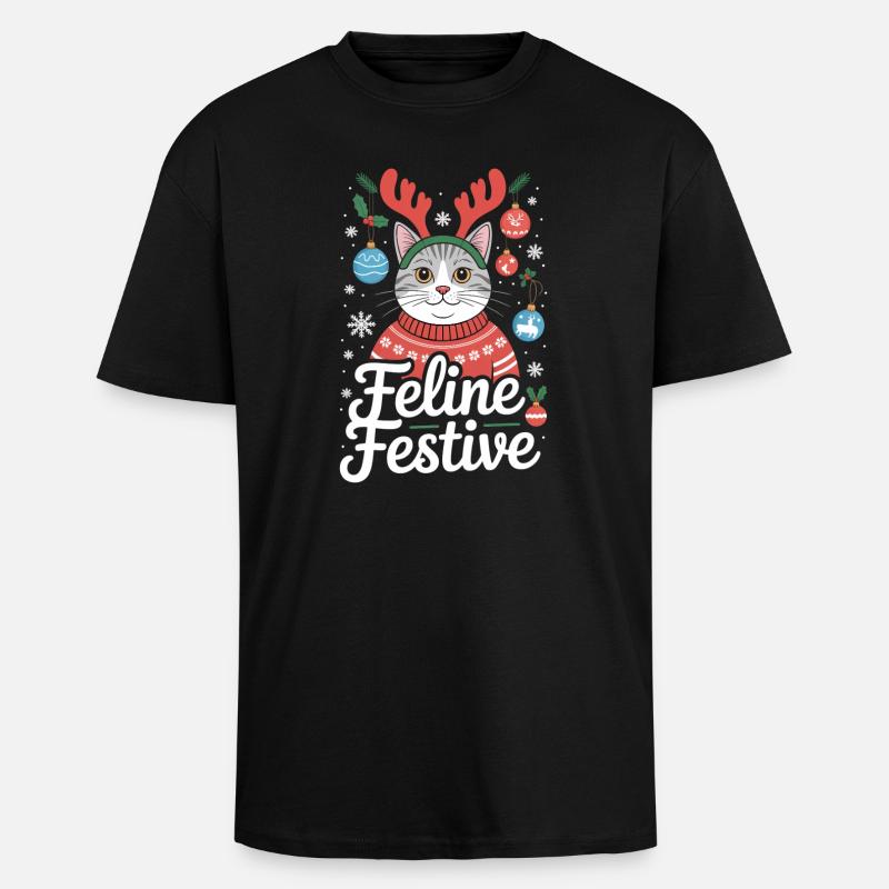 Feline Festive Lustige Weihnachtskatze Mit Geweih - Oversized Heavyweight Unisex T-Shirt - Schwarz