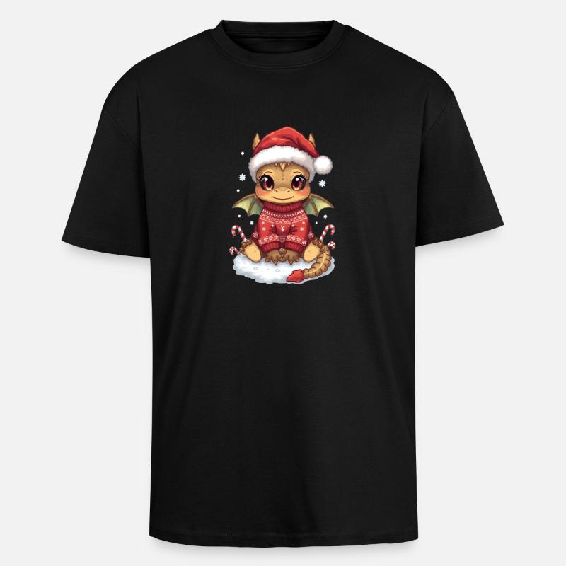 Kawaii Weihnachtsdrache im roten Pullover - Oversized Heavyweight Unisex T-Shirt - Schwarz