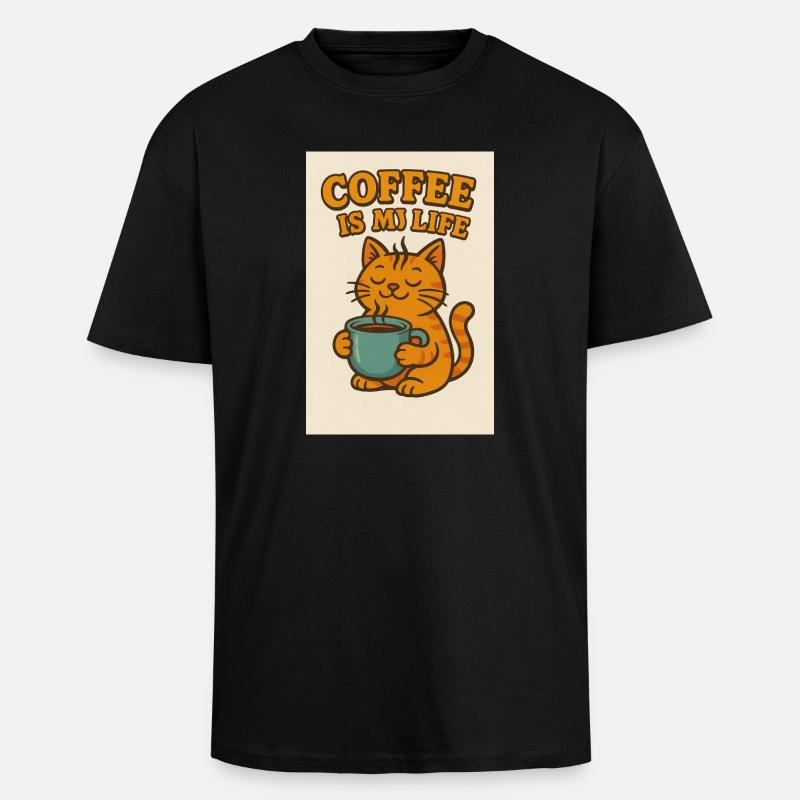 Coffee-loving cat in retro style - Unisex Oversized Heavyweight T-shirt - black