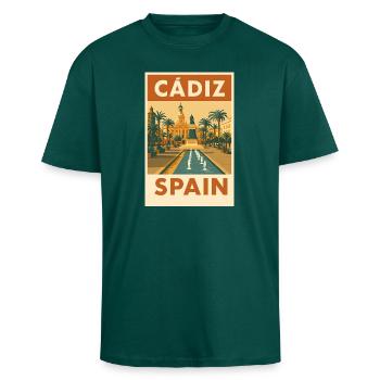 Cádiz Spain – Vintage Travel Poster Plaza - Unisex Oversized Heavyweight T-shirt - hunter green - Front - Alina (178cm) & Michal (187cm)