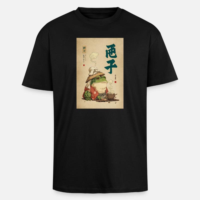 Frosch-Samurai im Seidenmantel mit Tee - Oversized Heavyweight Unisex T-Shirt - Schwarz