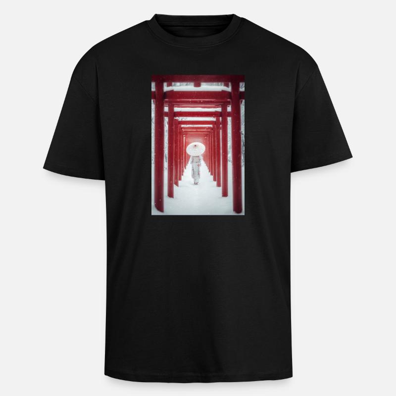 Roter Torii Schneepfad-Kimono - Oversized Heavyweight Unisex T-Shirt - Schwarz