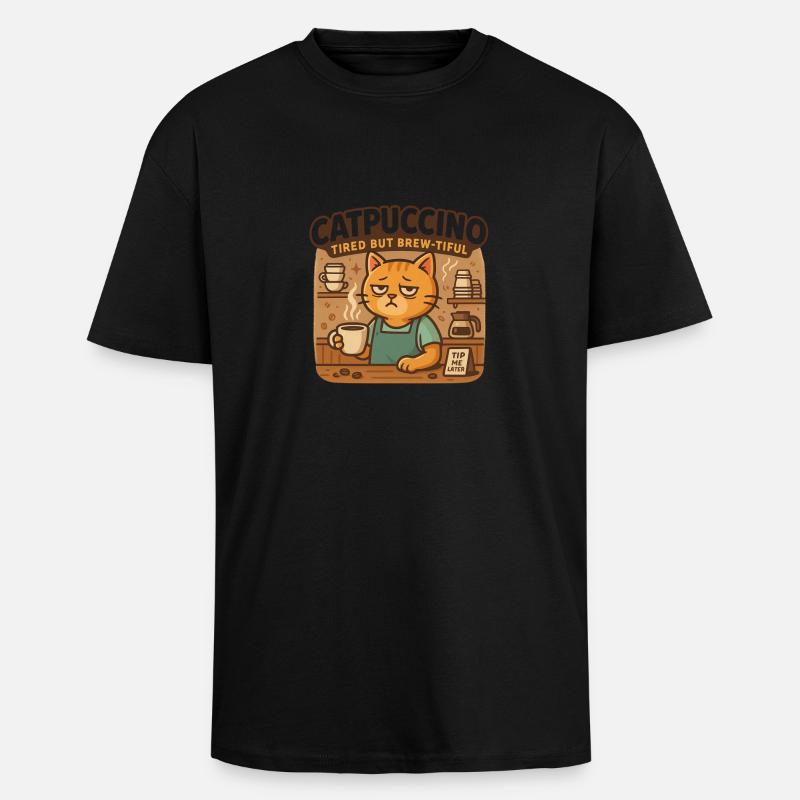 Catpuccino – Chat de café fatigué - T-shirt unisexe oversize épais - noir