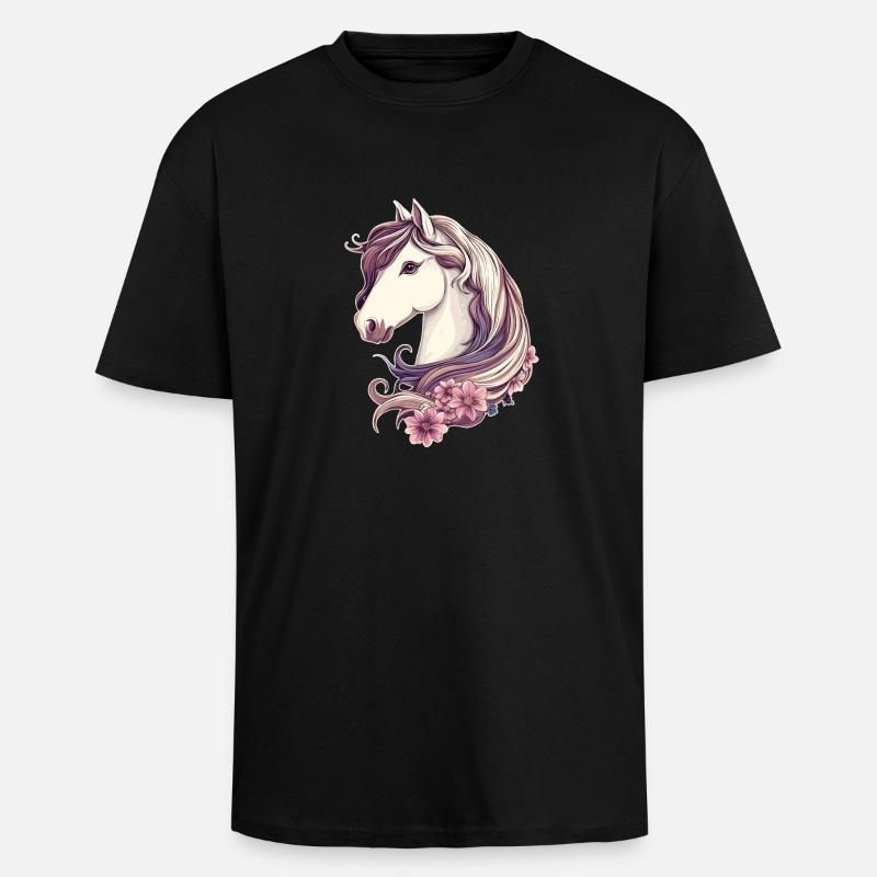 Pferd mit Blumen - Oversized Heavyweight Unisex T-Shirt - Schwarz