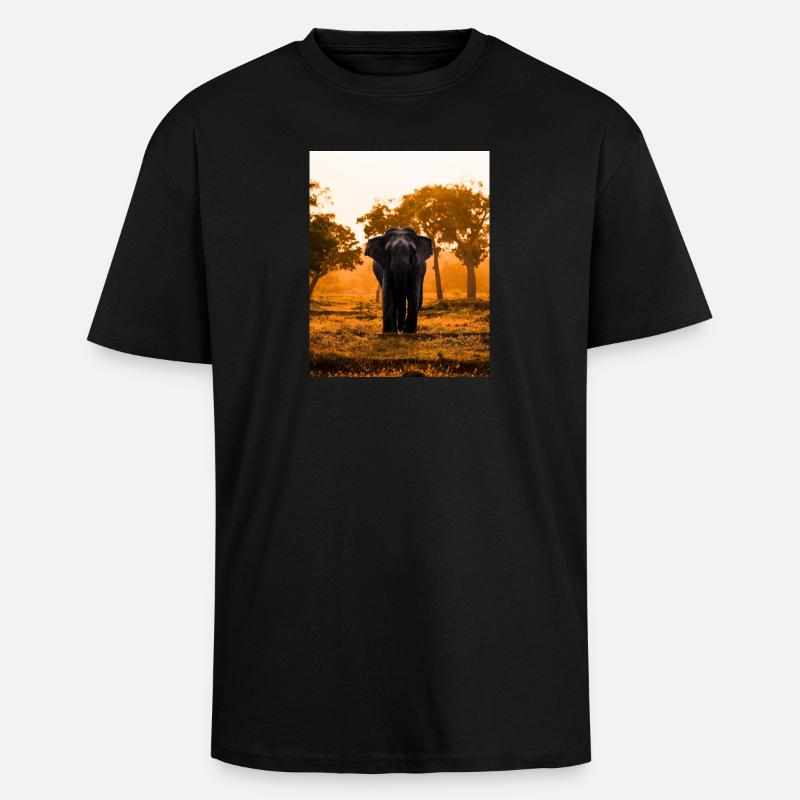 éléphant-arbre-coucher de soleil-lever de soleil - T-shirt unisexe oversize épais - noir