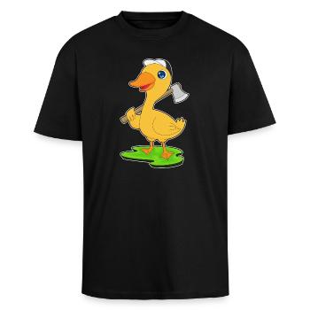 Duck Lumberjack Axe Forest - Unisex Oversized Heavyweight T-shirt - black - Front - Alina (178cm) & Michal (187cm)