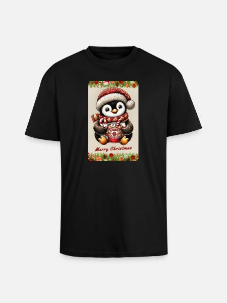 Christmas Penguin with Hot Chocolate - Unisex Oversized Heavyweight T-shirt - black