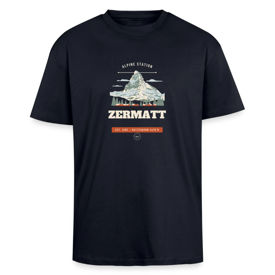 Zermatt badge on a unisex oversized heavyweight t-shirt, french navy