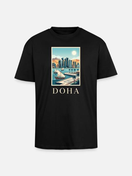 Doha Waterfront Cityscape Katar Reiseplakat - Oversized Heavyweight Unisex T-Shirt - Schwarz