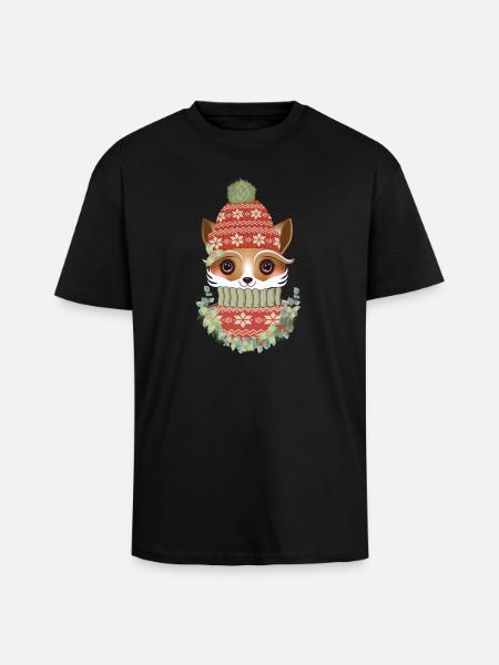 niedlicher Fuchs mit Pullover,Bommelmütze & Kranz - Oversized Heavyweight Unisex T-Shirt - Schwarz