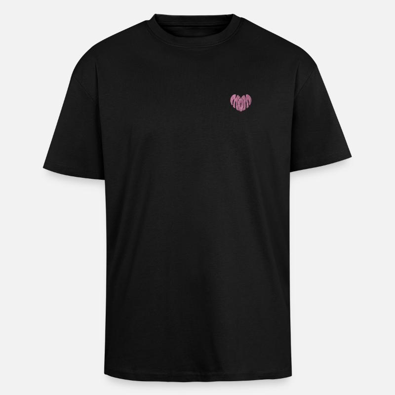 Mama Serce Różowe Haftowane - Gruby T-shirt unisex oversize - czarny