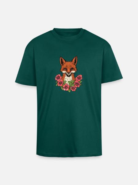 Fox in flowers - Unisex Oversized Heavyweight T-shirt - hunter green