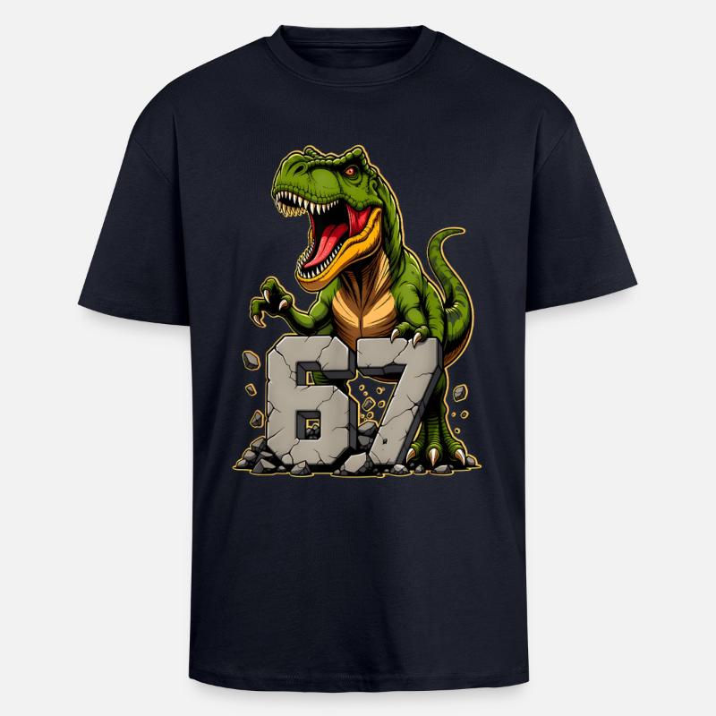 T-Rex Dinosaur Funny Six Seven Meme - Oversized Heavyweight Unisex T-Shirt - French Navy