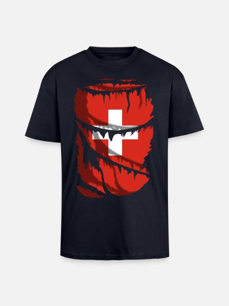 Flagge der Schweiz, zerrissener Stoffeffekt - Oversized Heavyweight Unisex T-Shirt - French Navy