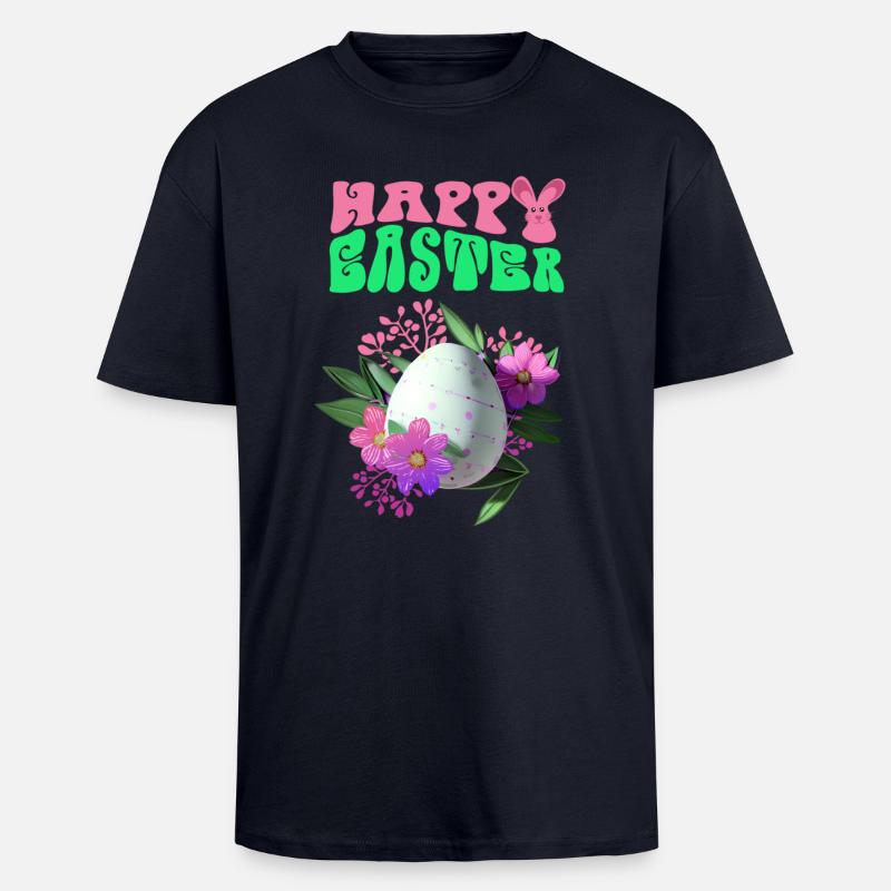 Happy Easter Flowers Easter Egg - Unisex Oversized Heavyweight T-shirt - french navy