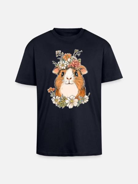 Cochon d’Inde avec des fleurs - T-shirt unisexe oversize épais - bleu marine