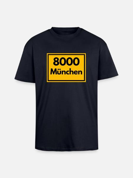 Enseigne de lieu - puis Rétro urbain Code postal 8000 Munich - T-shirt unisexe oversize épais - bleu marine