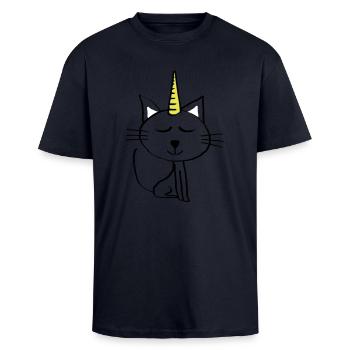 Chat dessin minou cadeau anniversaire Licorne - T-shirt unisexe oversize épais - bleu marine - Devant - Alina (178cm) & Michal (187cm)