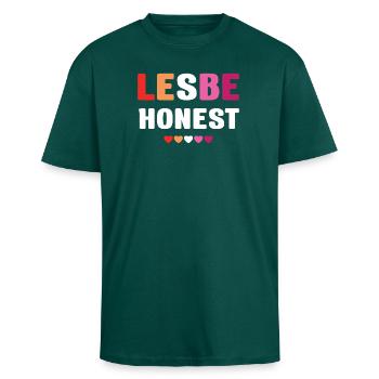 LGBTQ Pride Month - Lesbe Honest - Unisex Oversized Heavyweight T-shirt - hunter green - Front - Alina (178cm) & Michal (187cm)