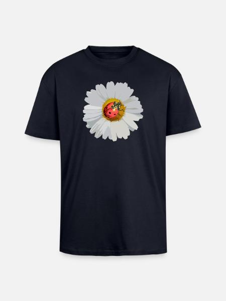 Daisies with Ladybug Motif - Unisex Oversized Heavyweight T-shirt - french navy