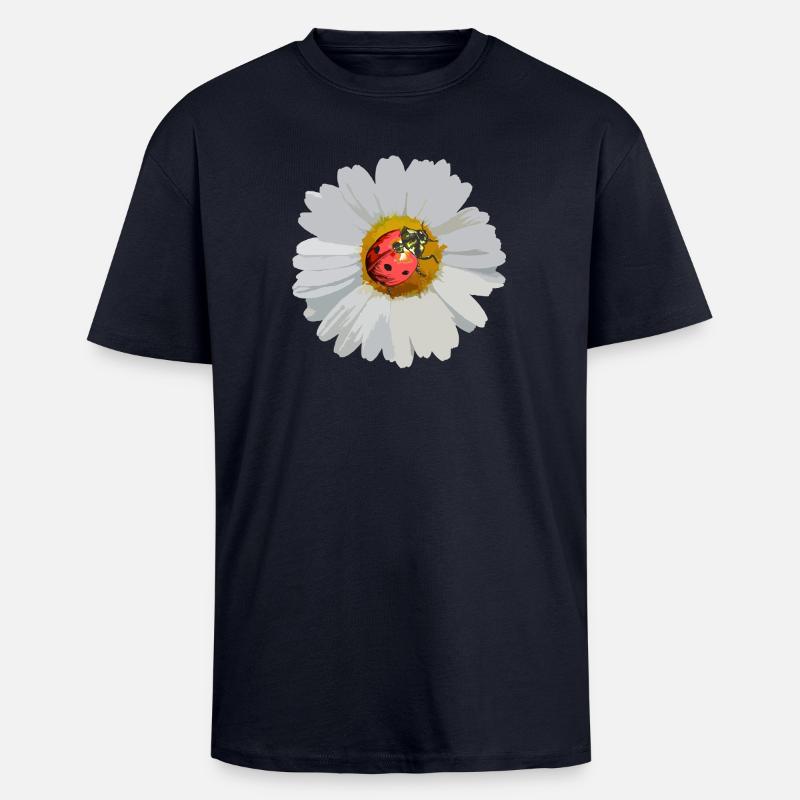 Daisies with Ladybug Motif - Unisex Oversized Heavyweight T-shirt - french navy