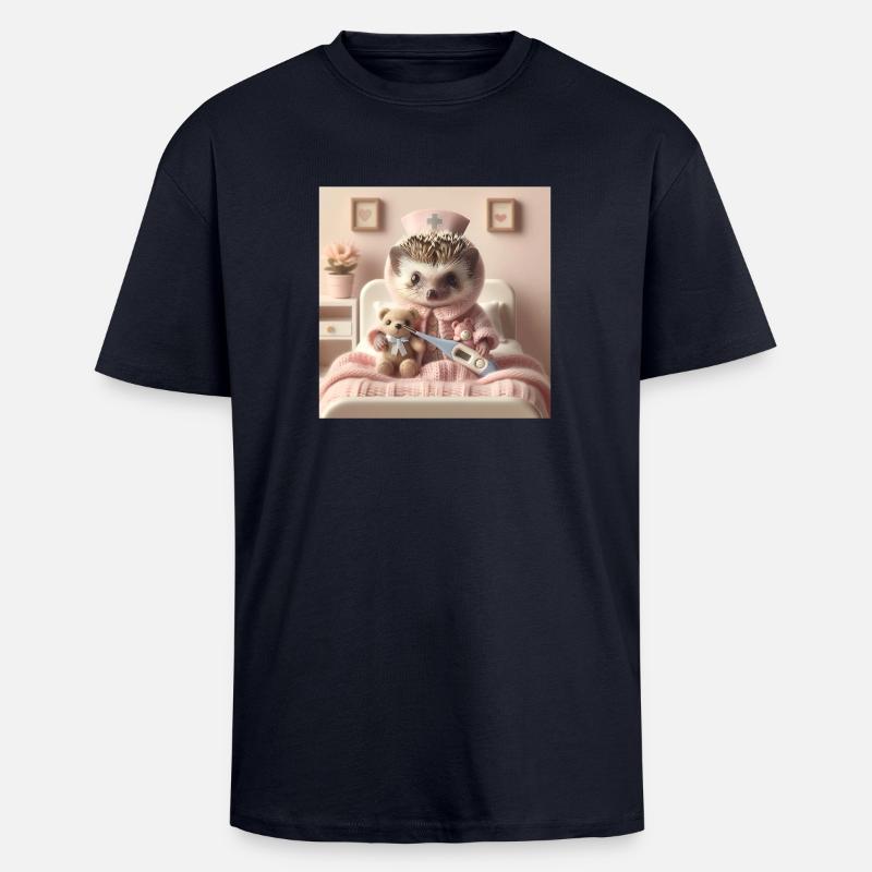 Cute hedgehog with cuddly toy - Unisex Oversized Heavyweight T-shirt - french navy