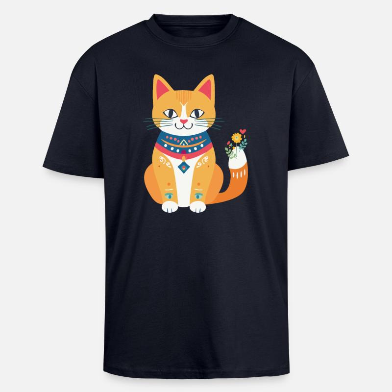 mignon chat folklore - T-shirt unisexe oversize épais - bleu marine