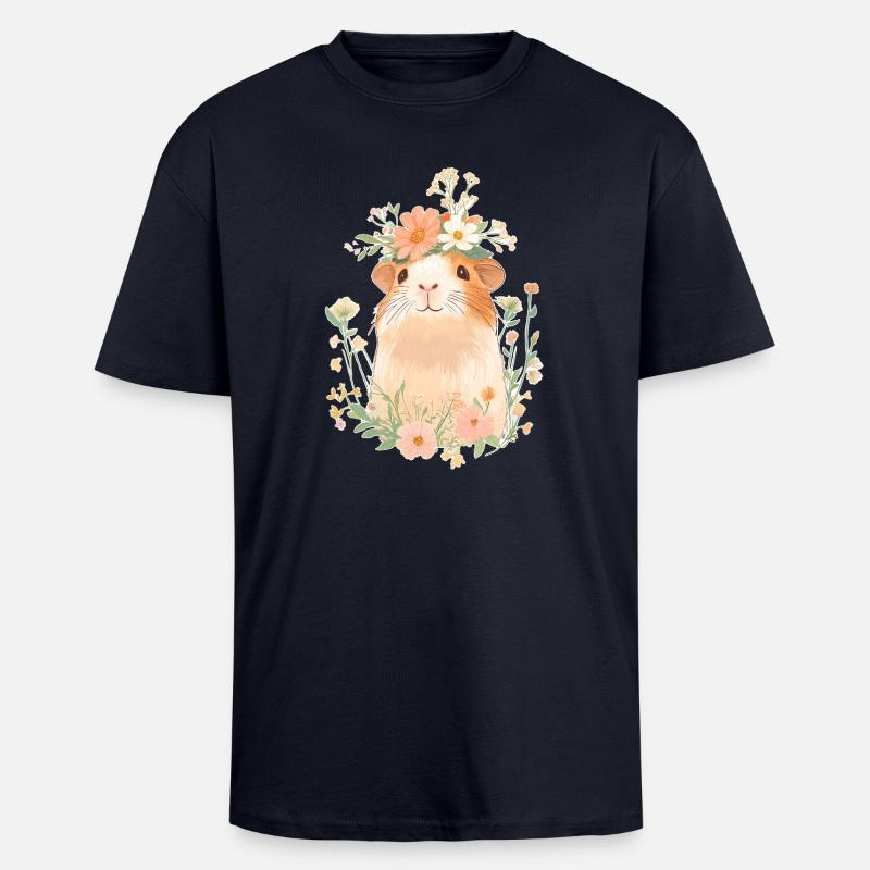 Cochon d’Inde avec des fleurs - T-shirt unisexe oversize épais - bleu marine