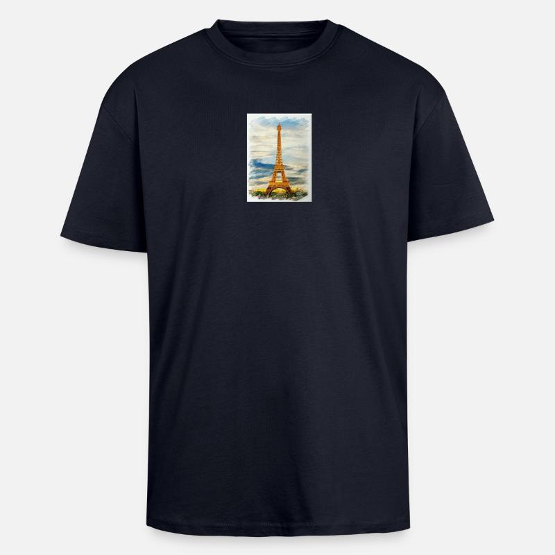 Aquarell Eiffelturm Skyline Kunst - Oversized Heavyweight Unisex T-Shirt - French Navy