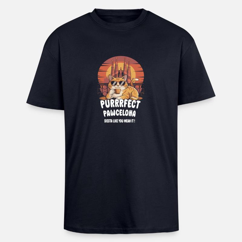 Pawcelona Barcelone Cat Design - T-shirt unisexe oversize épais - bleu marine