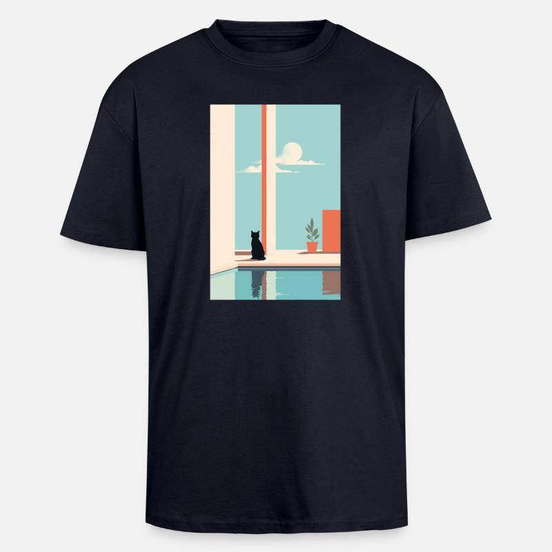 cat by the pool - Oversized Heavyweight Unisex T-Shirt - French Navy