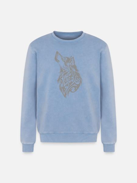 Nordic Wolf Tribal Tattoo - Relaxed Unisex Premium Acid Washed Sweatshirt - acid washed blue